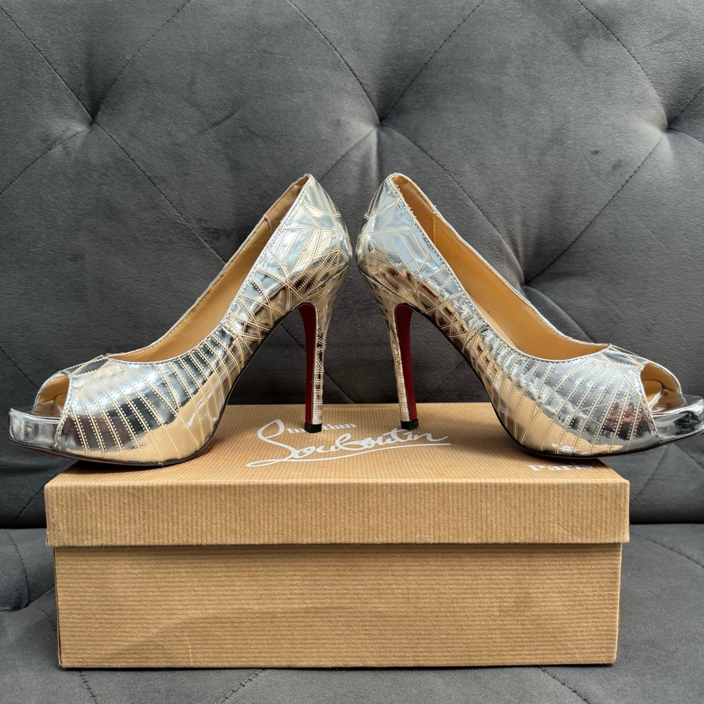 Christian Louboutin Metallic Silver Peep-Toe Heels